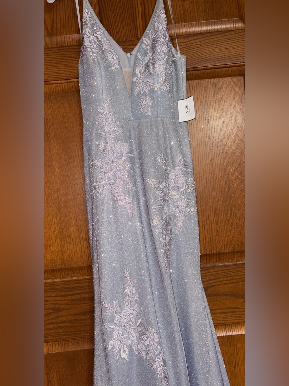 Xscape Silver Blue Glitter Spaghetti Strap Prom Dress